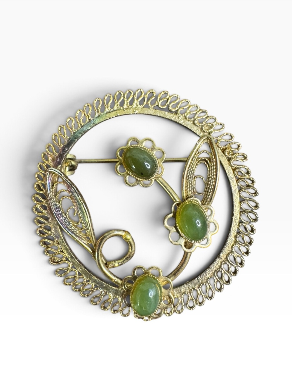 Gold-Tone Brooch with Jade Green Cabochons